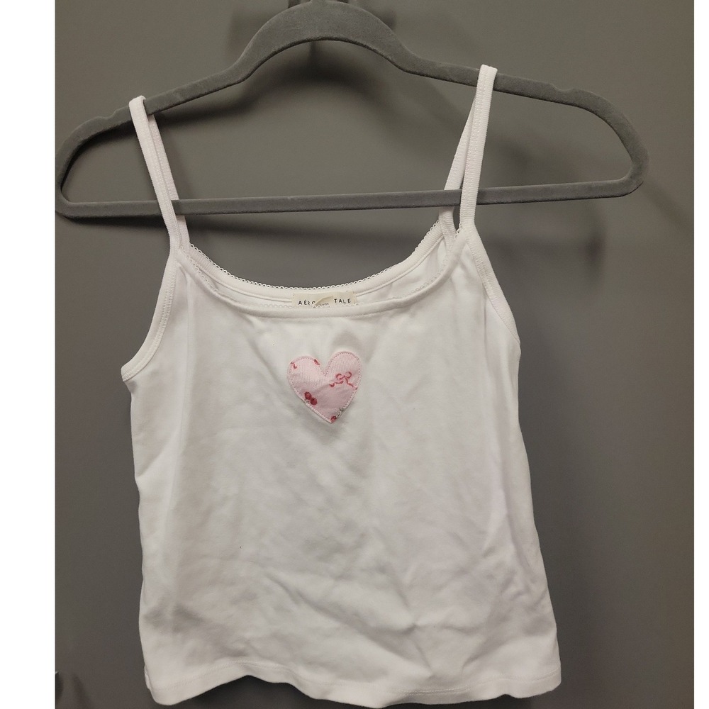 Aeropostale Girls Y2K White Cotton Cami Tank Top Pink Heart Patch Lace Trim Sz M